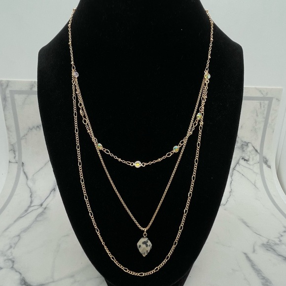 New Jolli Molli Layered Necklace Gold Tone Dalmatian Jasper Stone Pendant - Picture 2 of 6